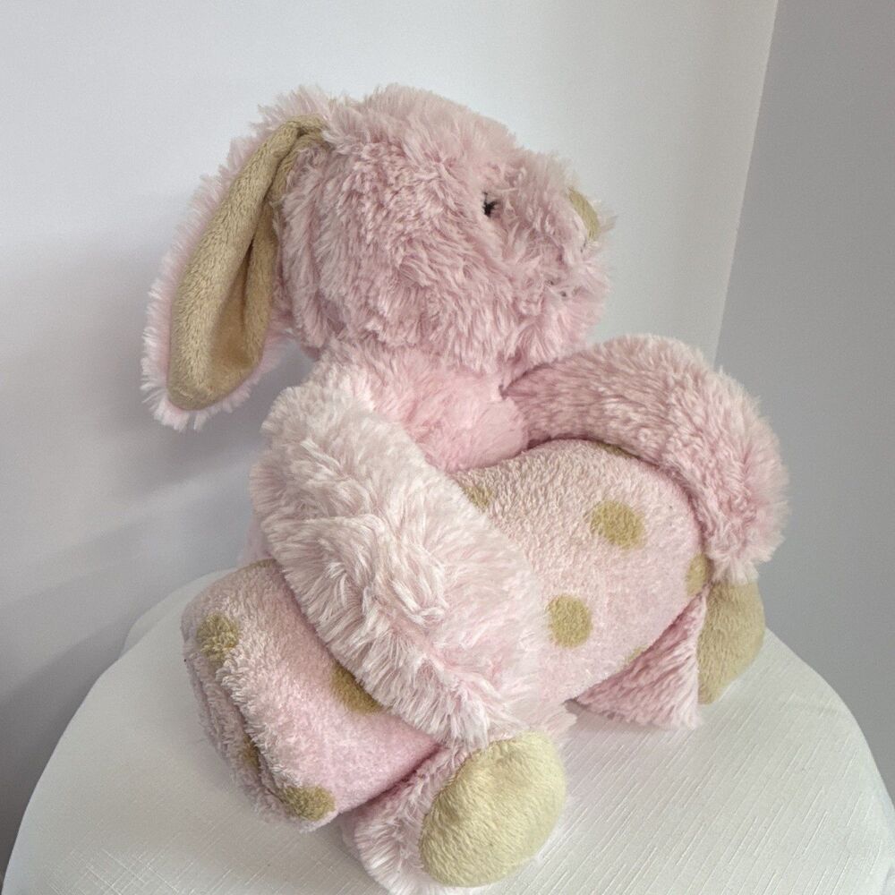 Soft Pink Plush Bunny Stuffed Animal holding Rolled Polka Dot Baby Blanket
